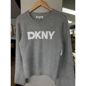 NWT DKNY Metallic Fuzzy Sweater Sz Med Silver Grey Bold Logo Sparkly Holiday